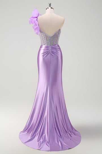 Scintillante Lilla Mermaid Corsetto in rilievo One Spalla Abito da ballo lungo con fessura